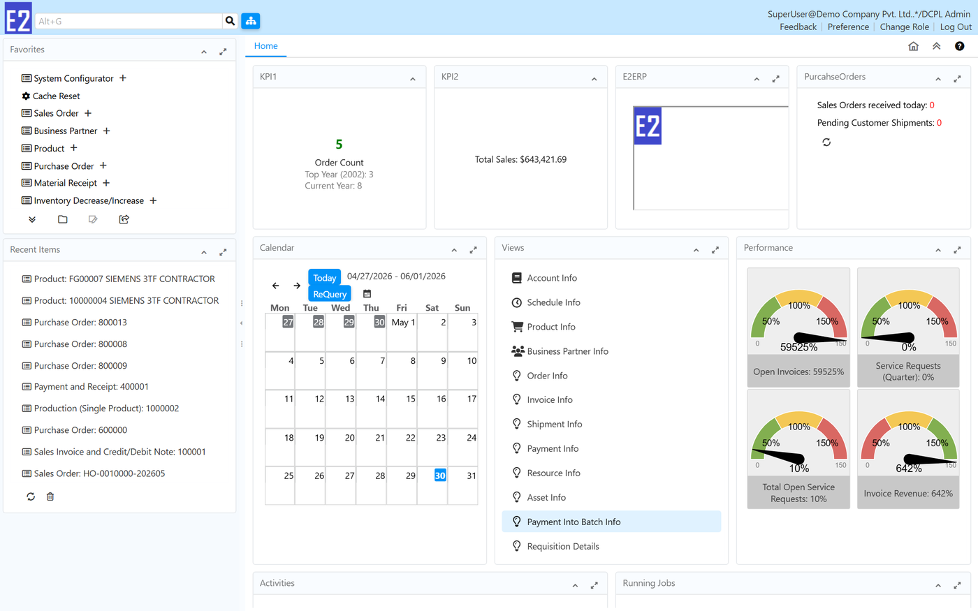 E2 ERP dashboard with live KPIs